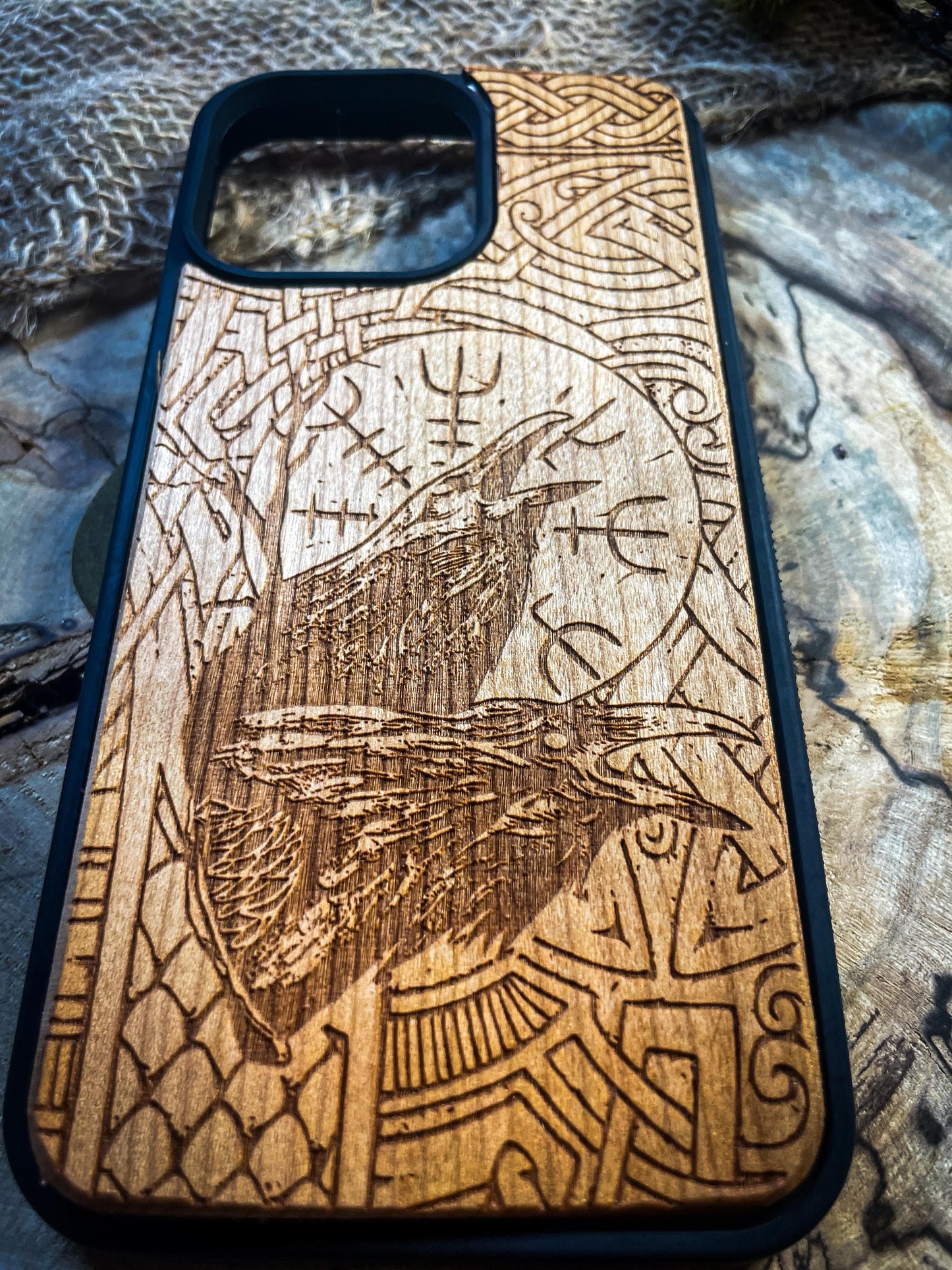 Two Ravens Viking Nordic Runes Symbols Gold Hand painted Medieval mythology Vegvisir Wood Phone case for Samsung, Iphone and Google Pixel