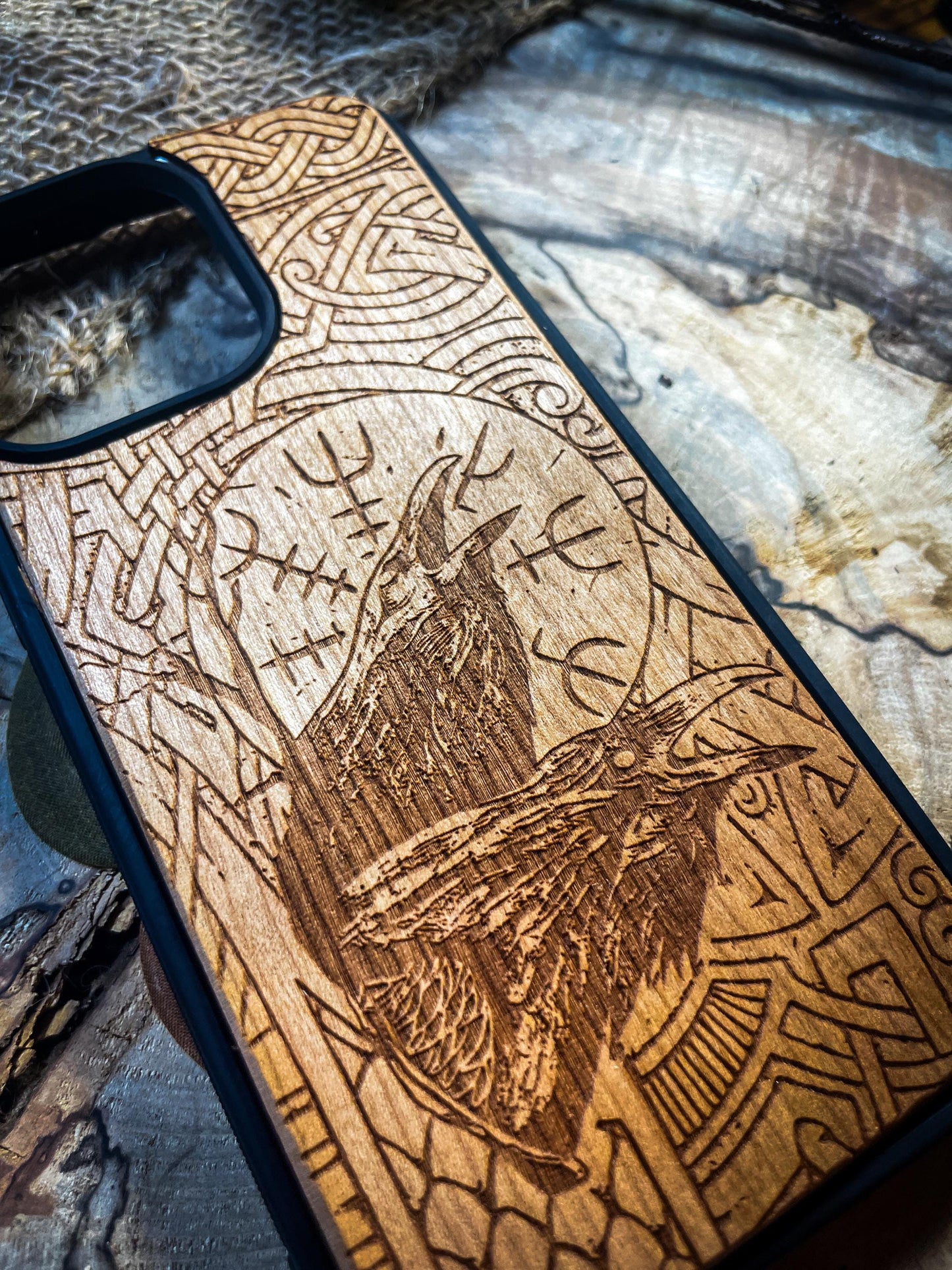 Two Ravens Viking Nordic Runes Symbols Gold Hand painted Medieval mythology Vegvisir Wood Phone case for Samsung, Iphone and Google Pixel