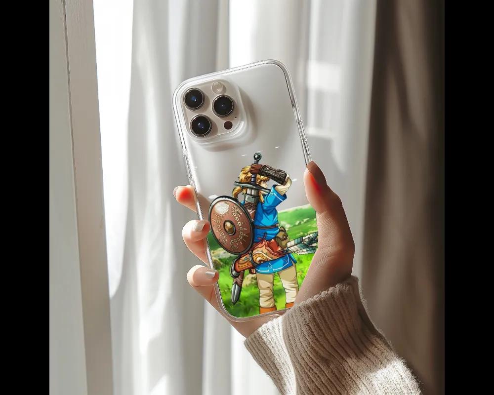 a person holding up a phone case with a picture of a cartoon character on it