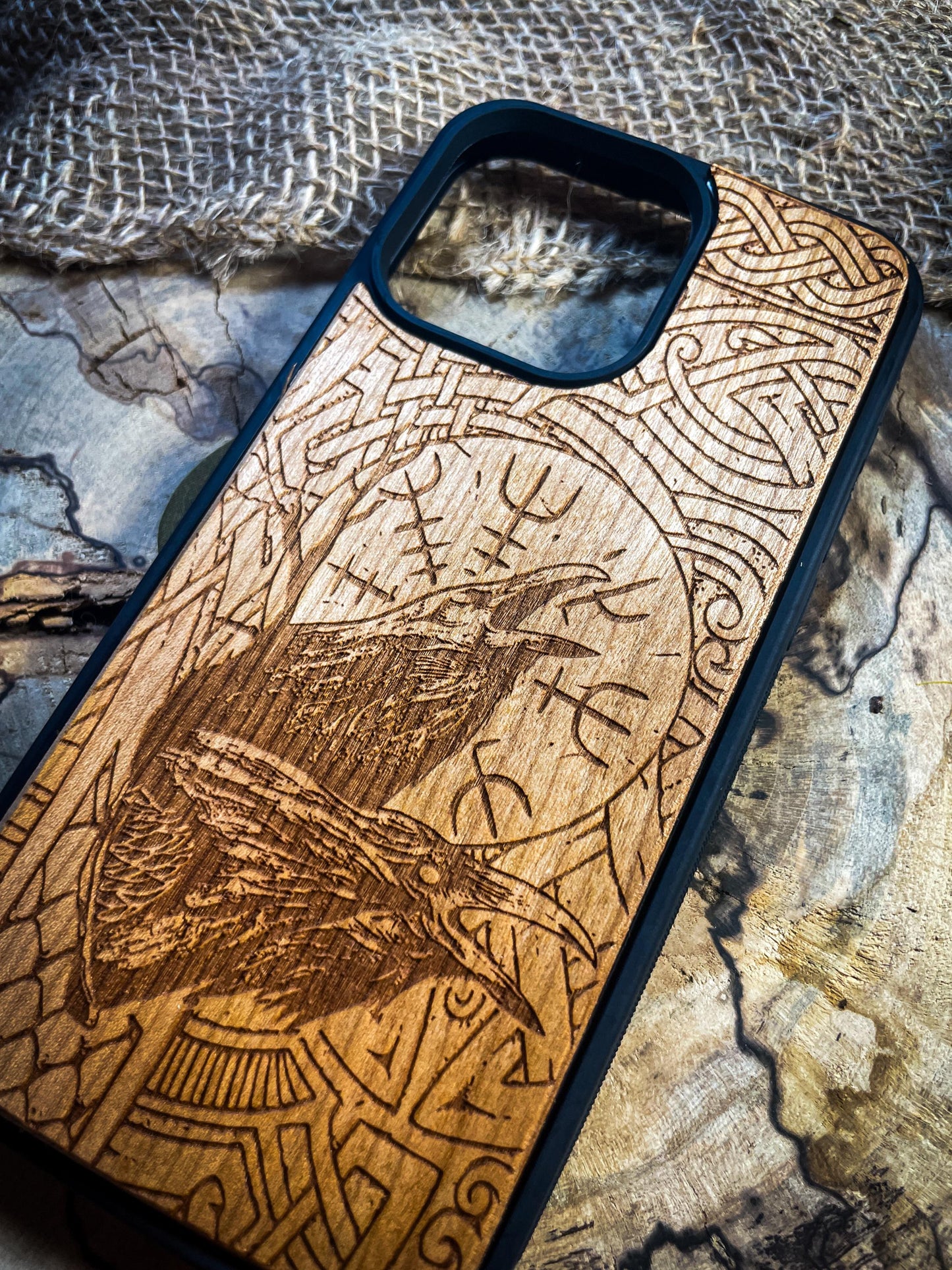 Two Ravens Viking Nordic Runes Symbols Gold Hand painted Medieval mythology Vegvisir Wood Phone case for Samsung, Iphone and Google Pixel