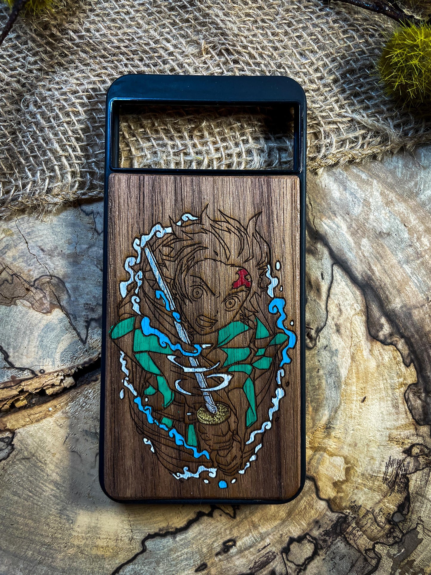 Flame Spirit DEMON HUNTER SAMURAI Wood Phone Case for iPhone, Samsung, and Google Pixel – Inspired by Anime’s Fiery Warriors