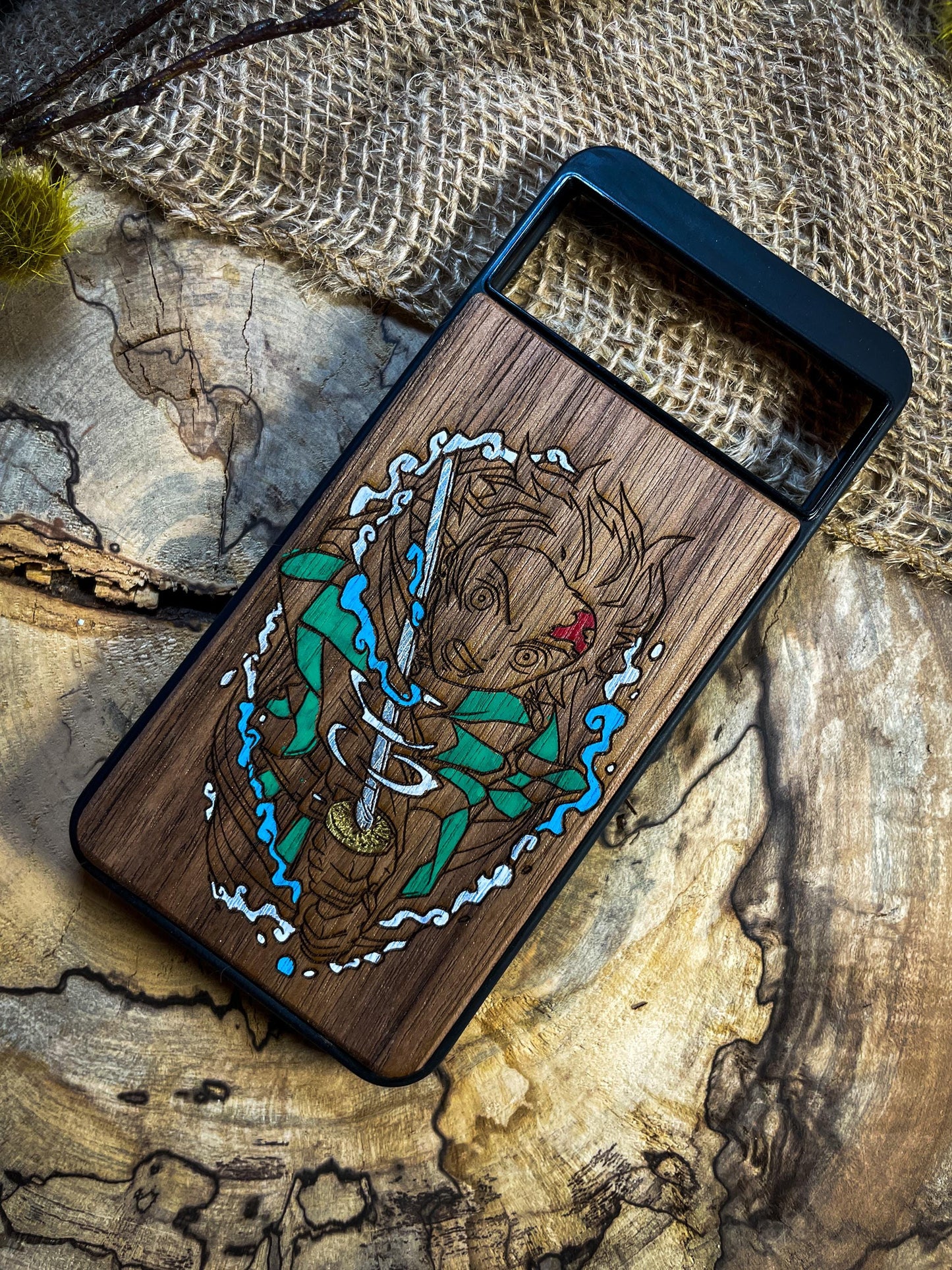 Flame Spirit DEMON HUNTER SAMURAI Wood Phone Case for iPhone, Samsung, and Google Pixel – Inspired by Anime’s Fiery Warriors