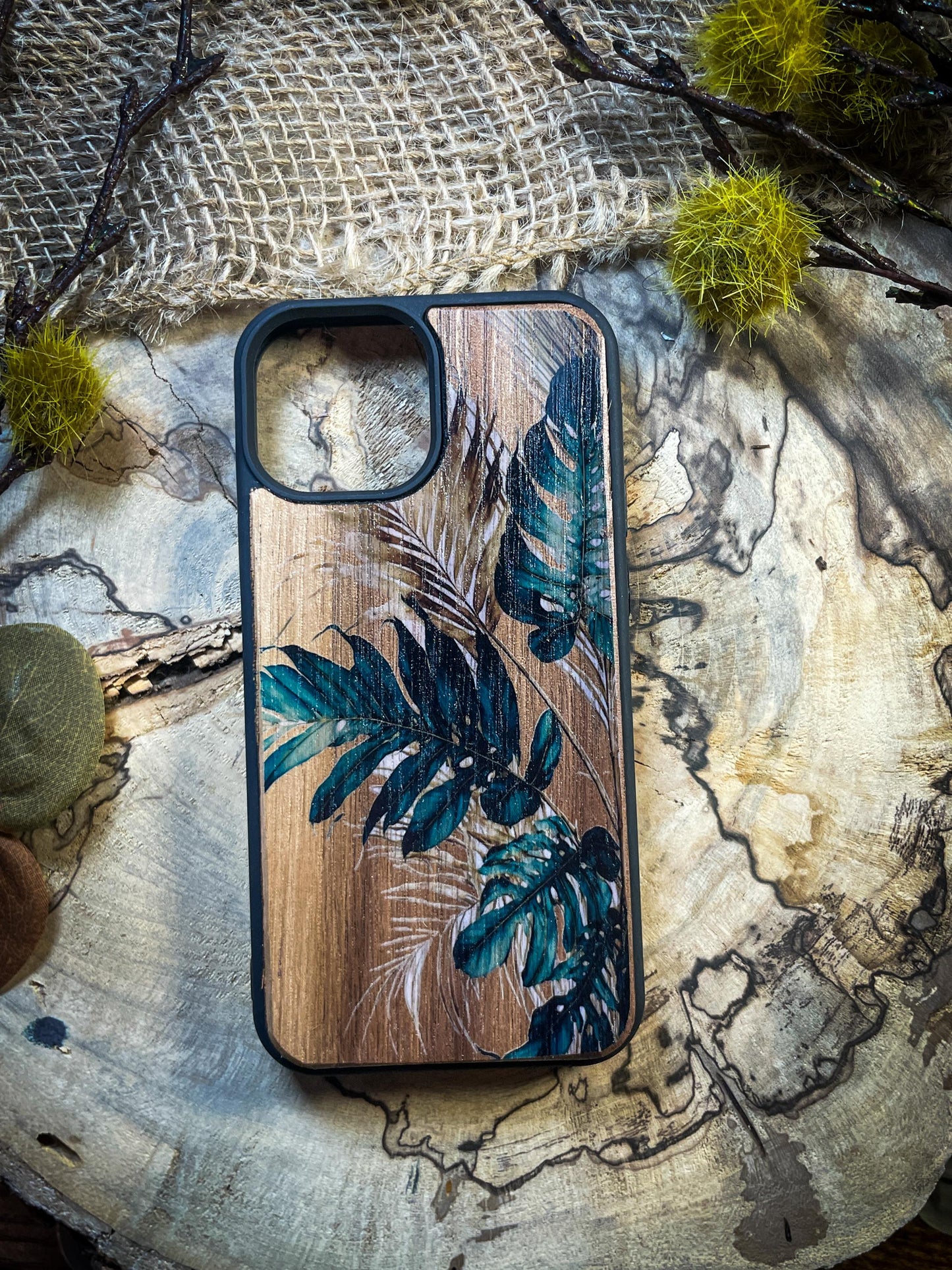 Tropical Jungle Leaves Wood Phone Case for iPhone, Samsung, and Google Pixel – Preppy & Fresh Aesthetic