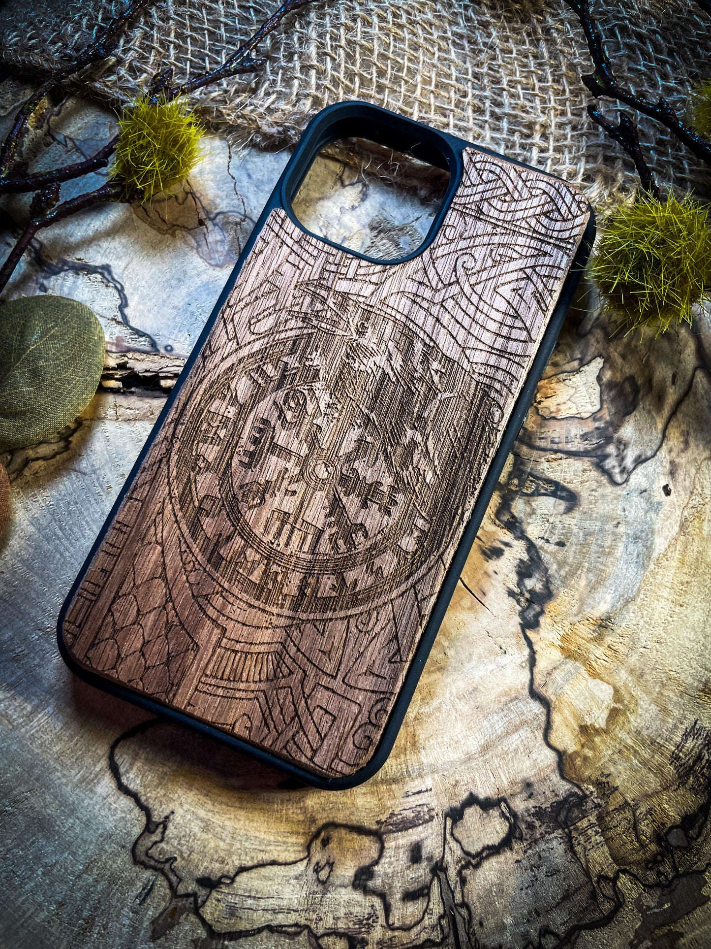 Raven Viking Nordic Runes Symbols Gold Hand painted Medieval mythology Vegvisir Wood Phone case for Samsung, Iphone and Google Pixel SHOP APP