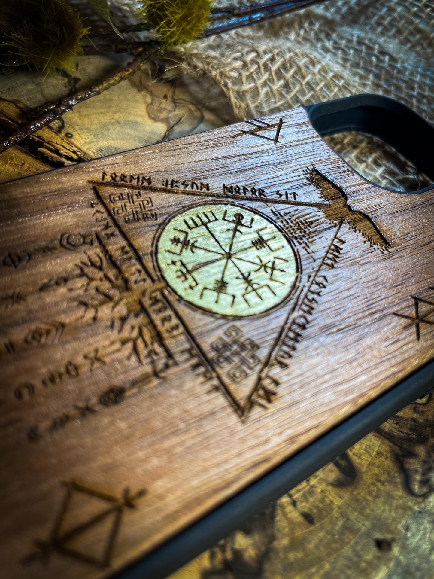 Viking Nordic Runes Symbols Gold Hand painted Medieval mythology Vegvisir Wood Phone case for Samsung, Iphone and Google Pixel SHOP APP