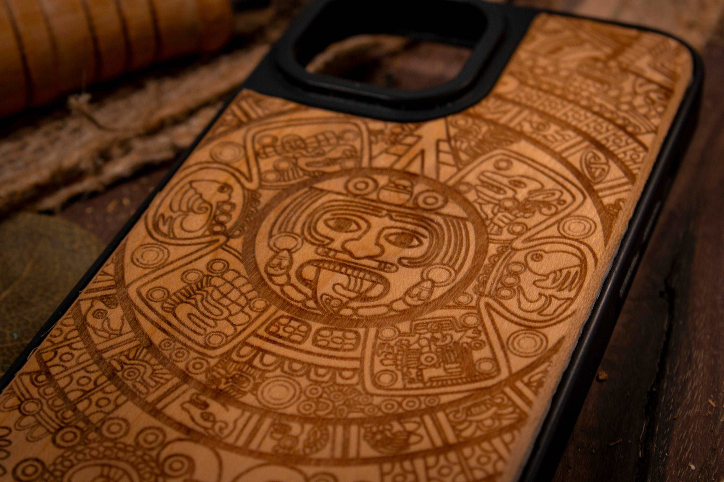 wood phone case of a mayan aztec calendar, coold phone case, artistic