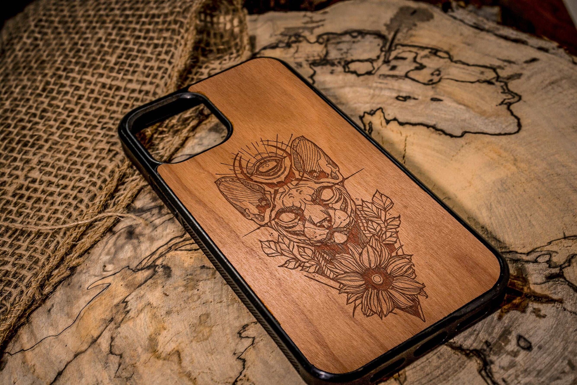 Iluminati Cat Wood phone case, Egyptian cat, Mystical Feline