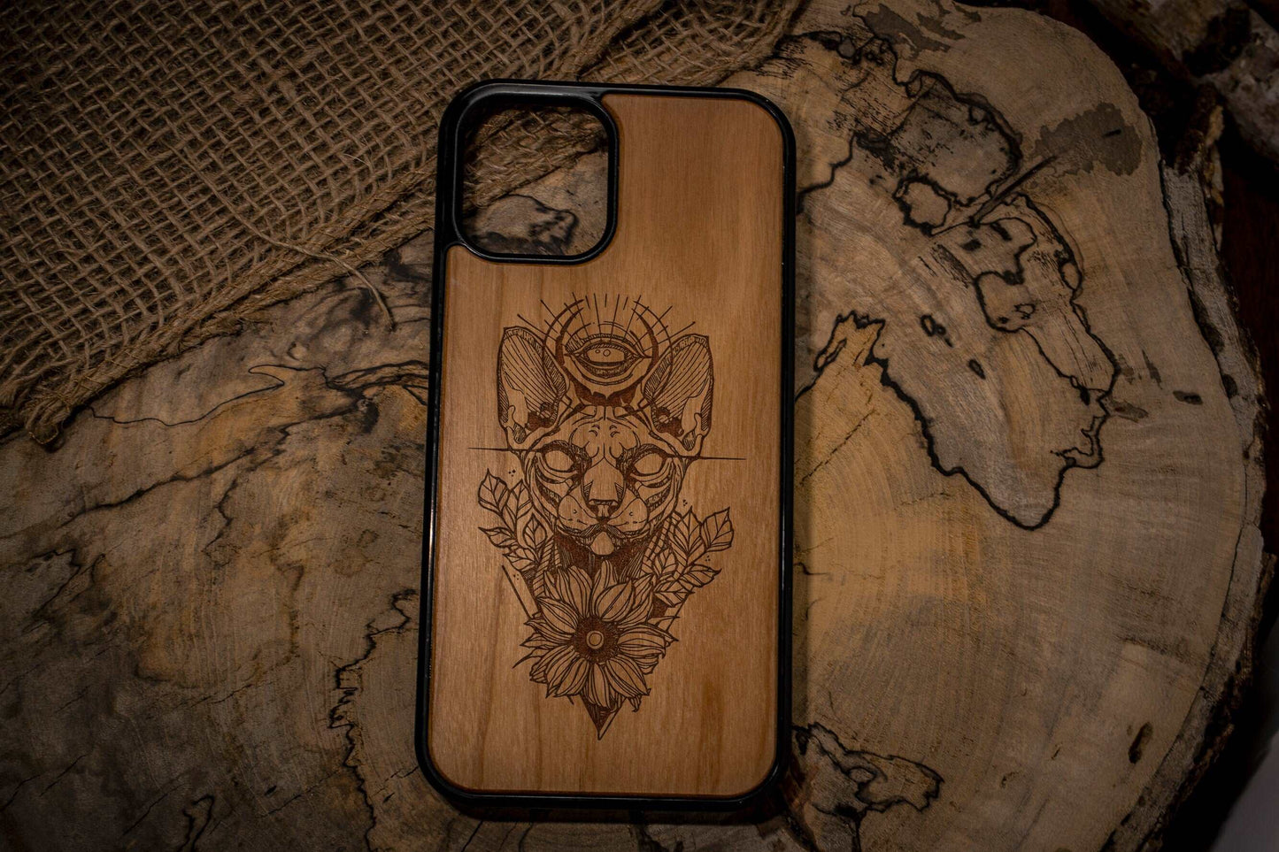 Iluminati Cat Wood phone case, Egyptian cat, Mystical Feline