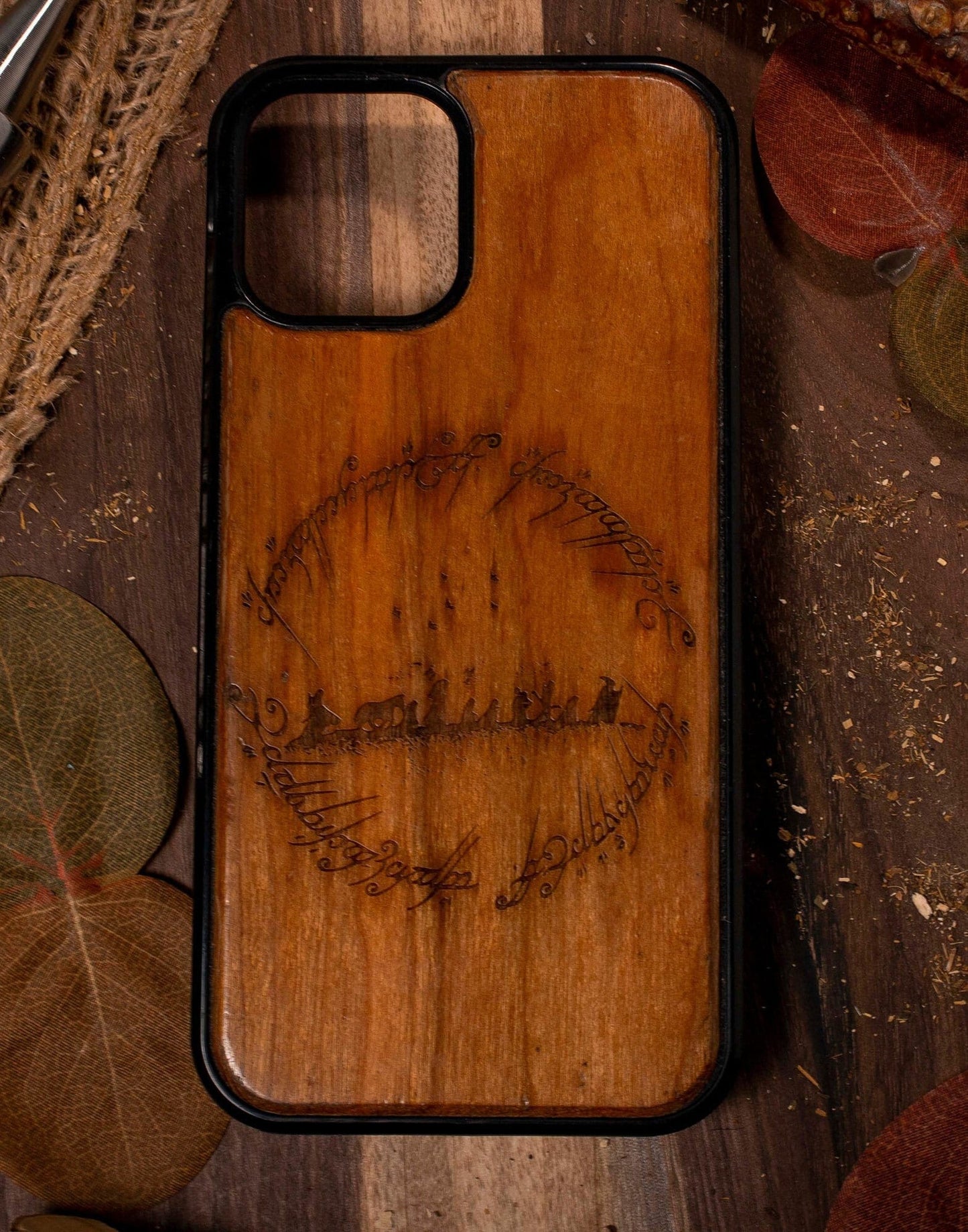 lord of the rings wood phone case with the ring of power and the fellowship of the ring