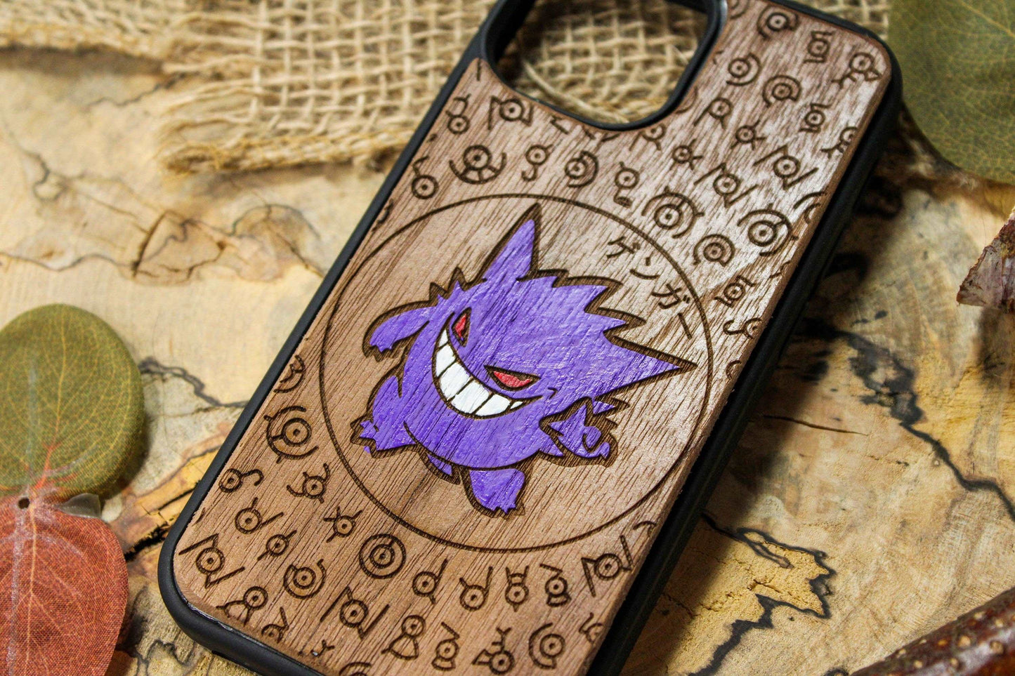 Gengar cute japanese anime cartoon, wood phone case