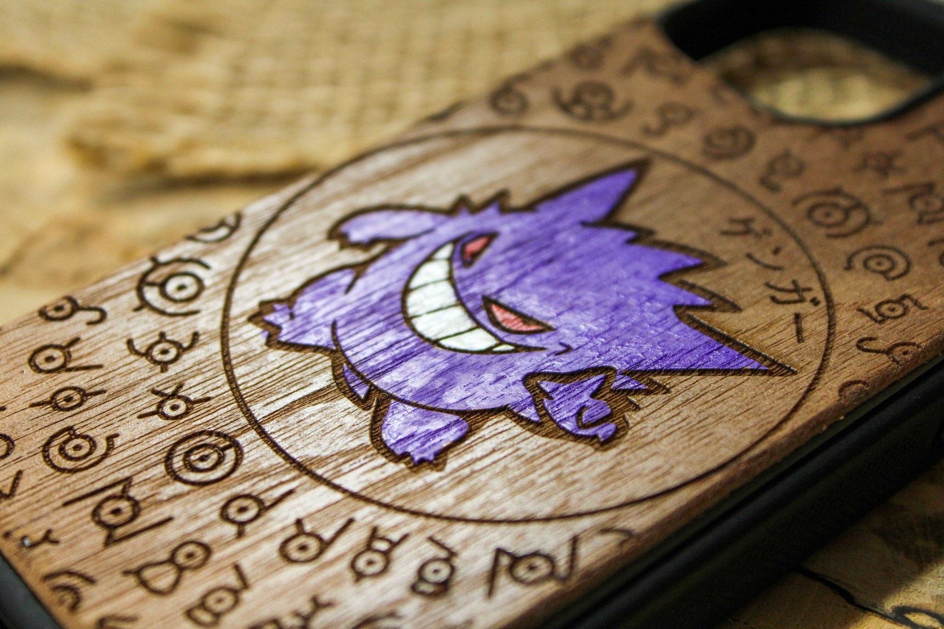 Gengar cute japanese anime cartoon, wood phone case