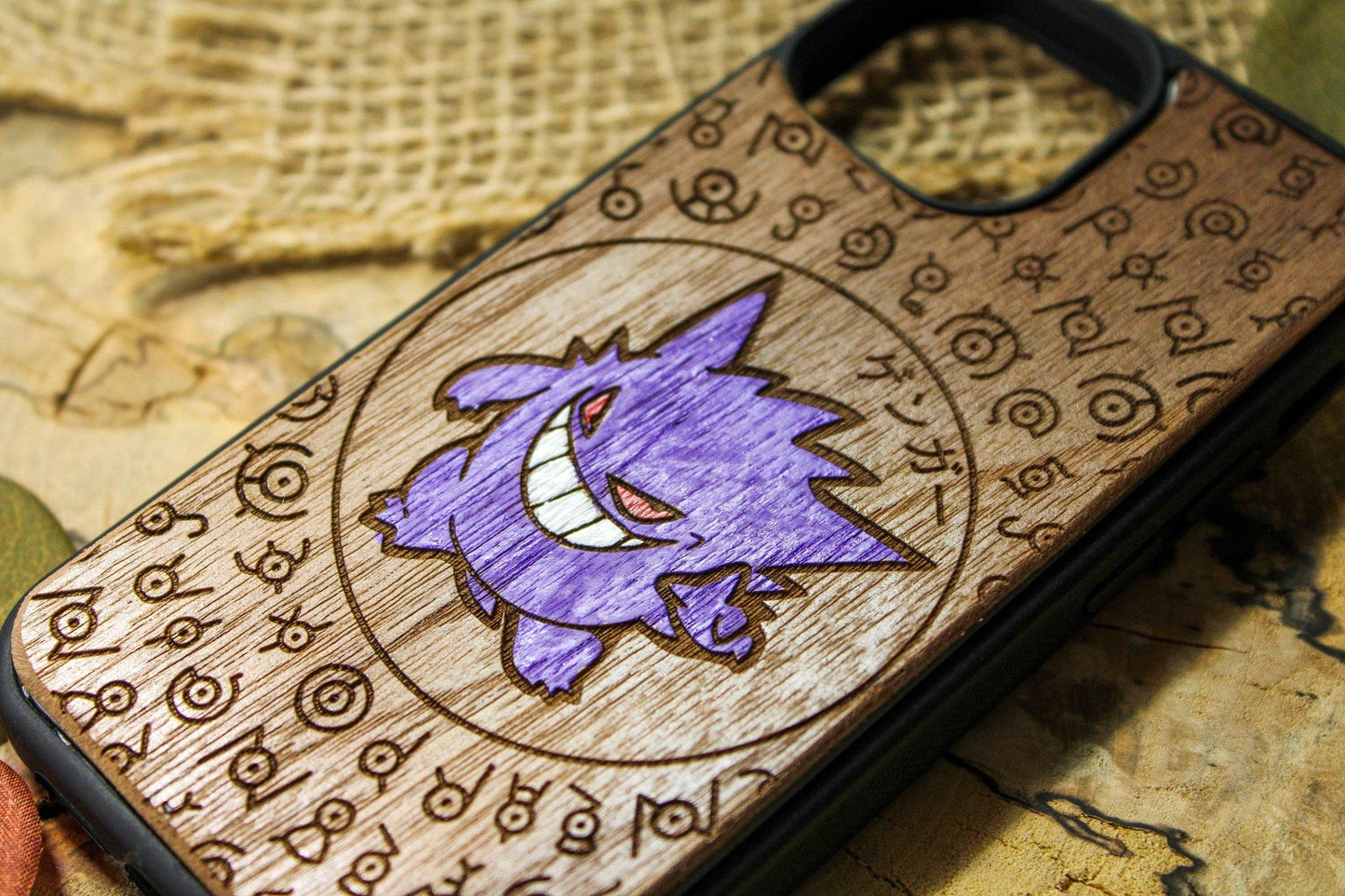 Gengar cute japanese anime cartoon, wood phone case