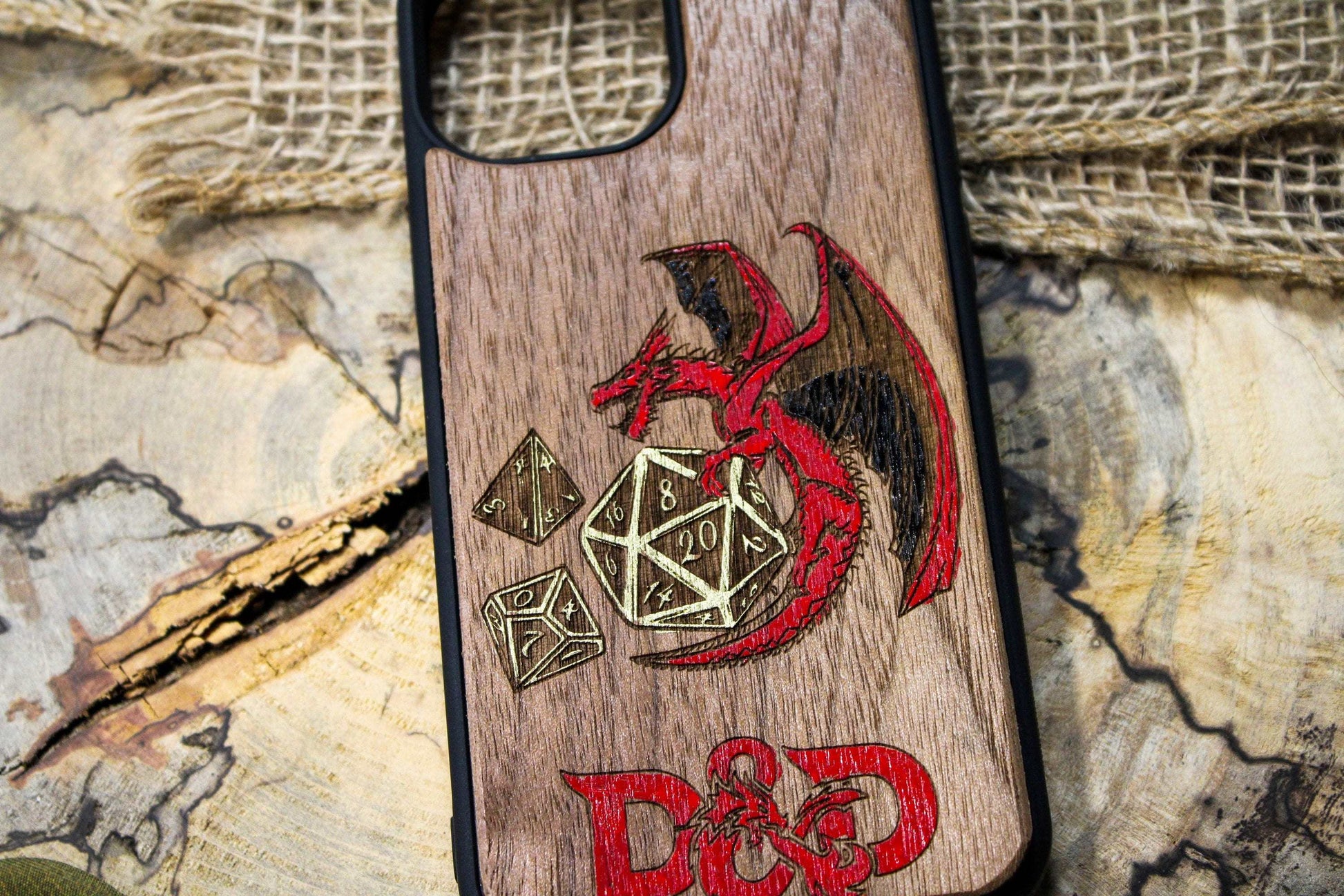 Dnd dragon on the golden dice phone case wood, rpg logo red