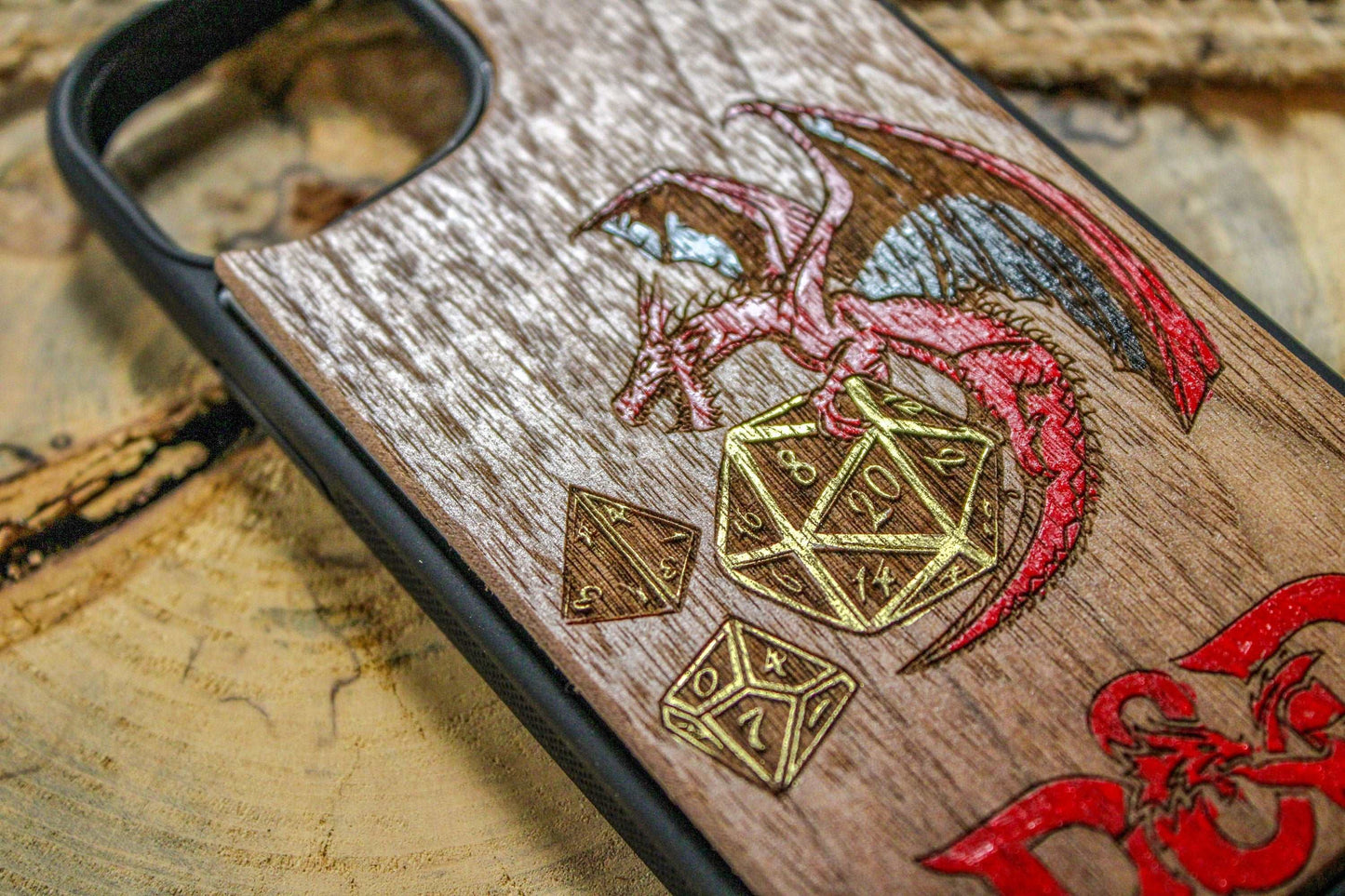 Dnd dragon on the golden dice phone case wood, rpg logo red