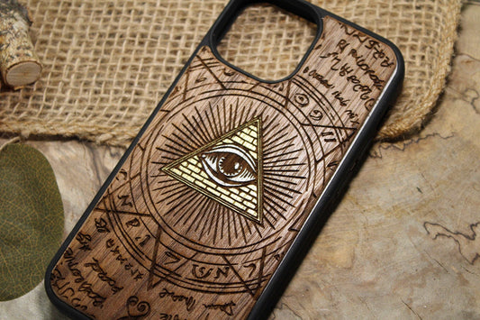 Golden IlluminatiEye Masonic Pyramid Conspiracy Occult Golden Strip Goth, Witchcraft,Phone Case Wood, Pixel