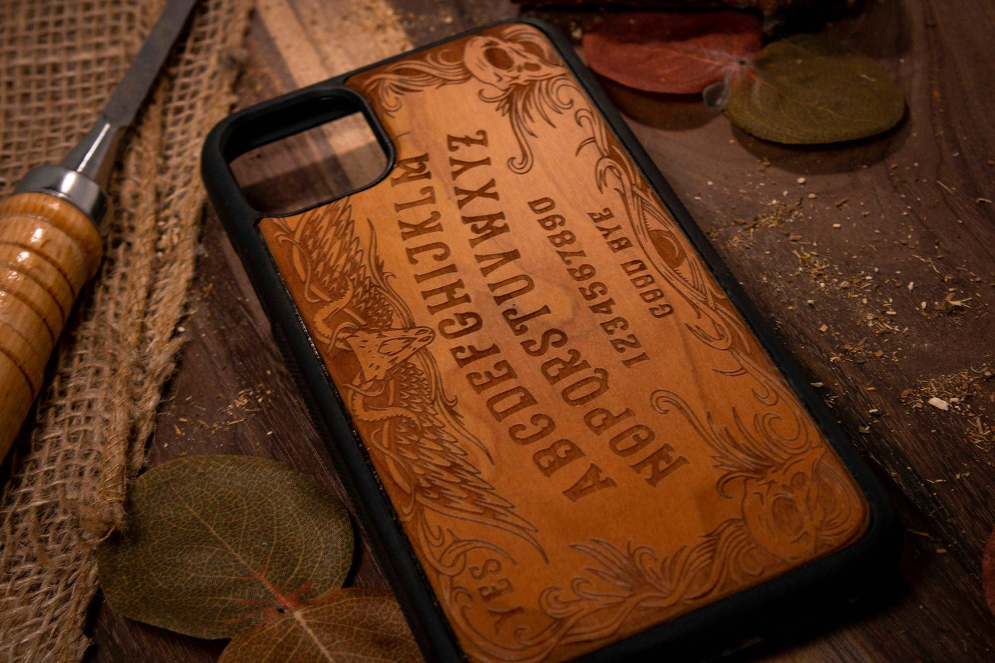 wood phone case of a ouija board