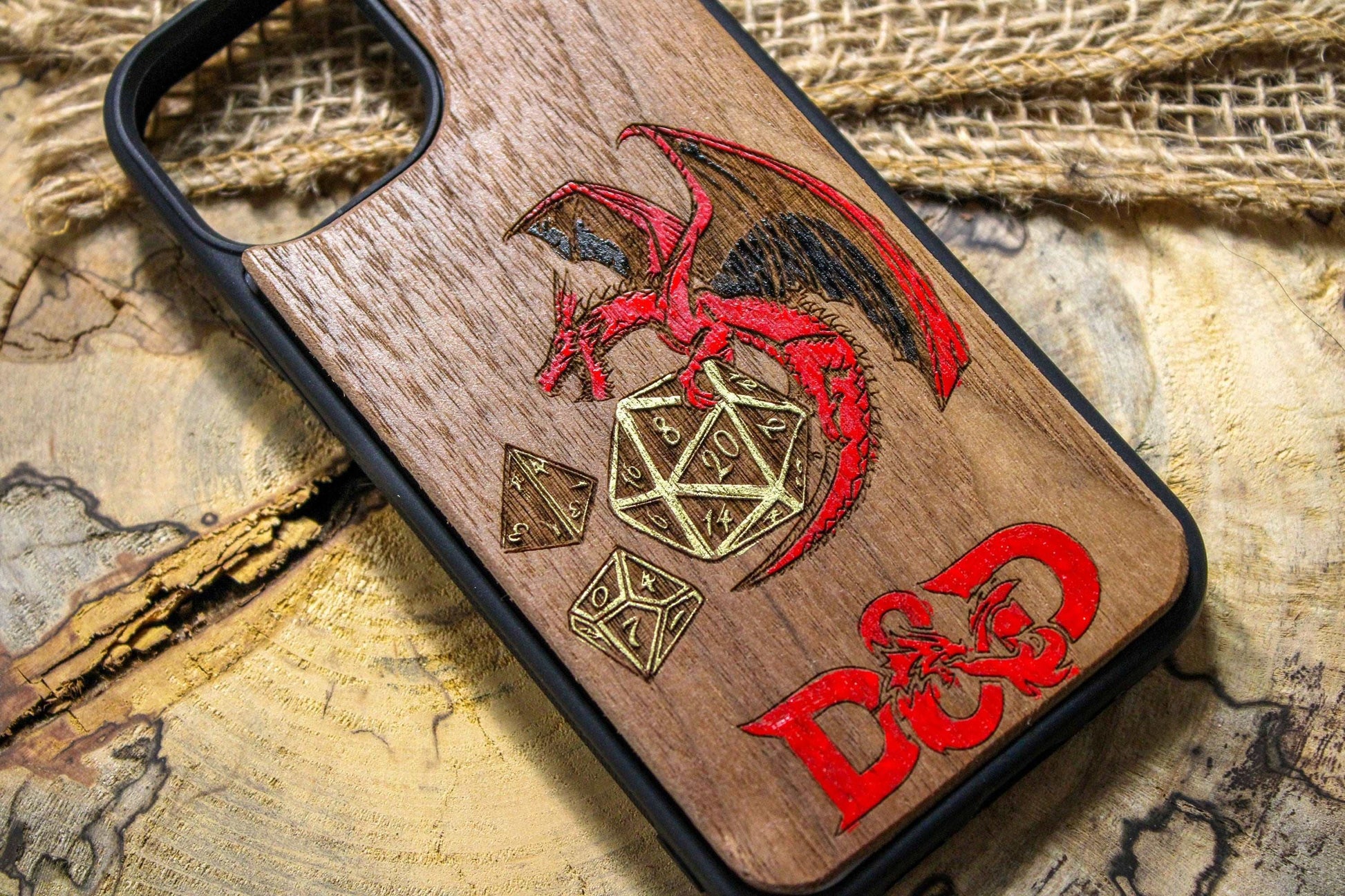 Dnd dragon on the golden dice phone case wood, rpg logo red