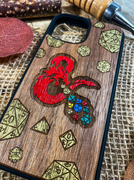 a wooden phone case with a picture of a dragon on it