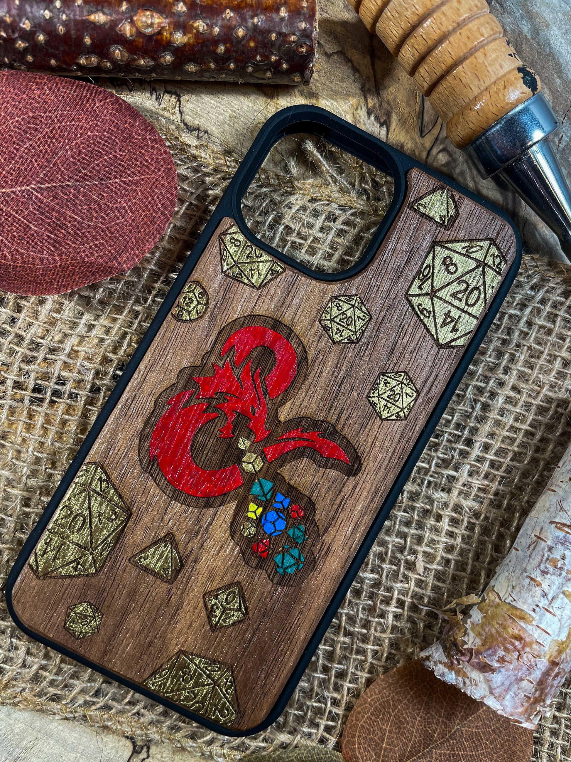 a wooden phone case with a design on it