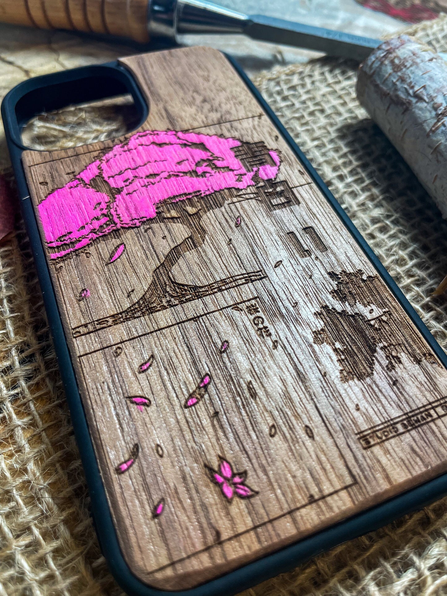 Hand-Painted Japanese Sakura Tree Wood Phone Case