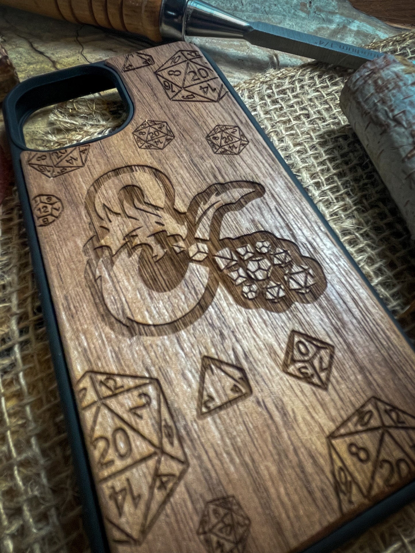 a wooden phone case with a design on it