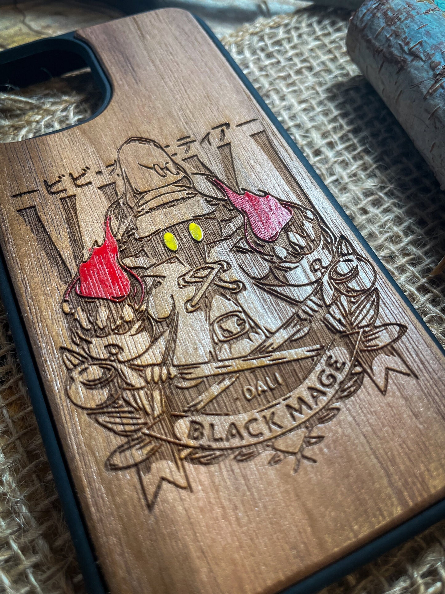 a wooden phone case with a picture of a pirate on it