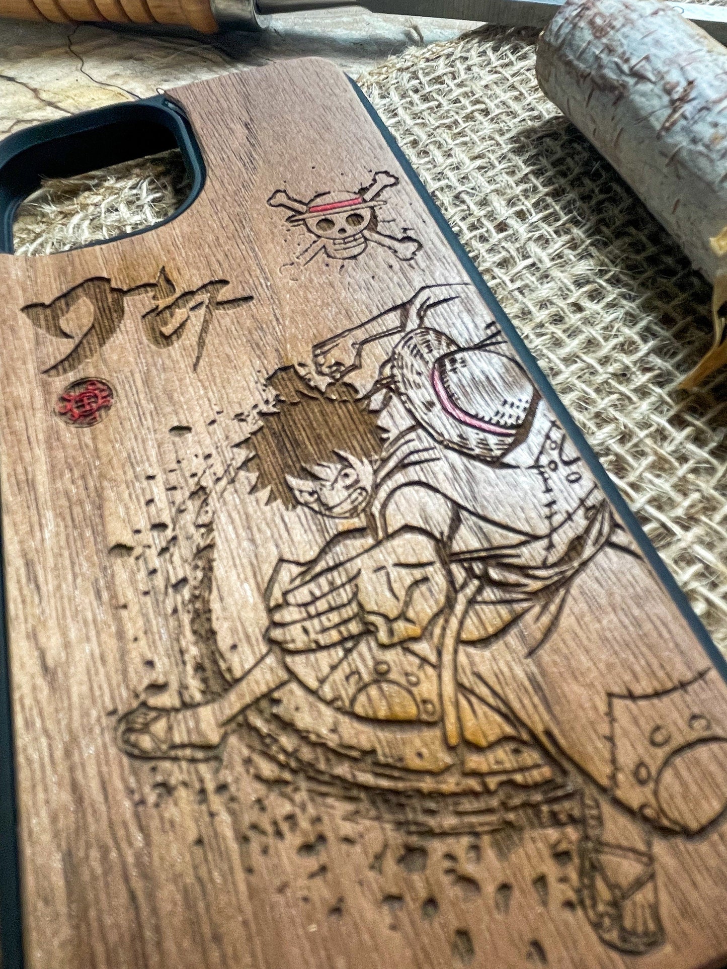 a wooden phone case with a picture of a man riding a horse