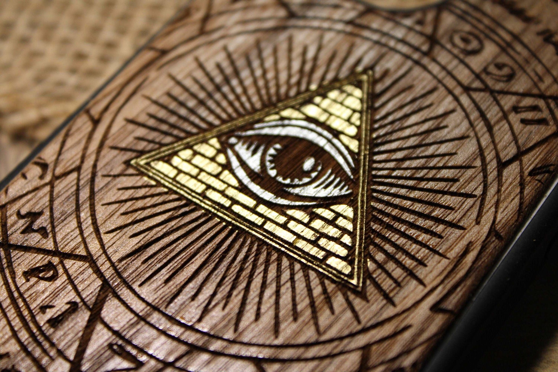 Golden IlluminatiEye Masonic Pyramid Conspiracy Occult Golden Strip Goth, Witchcraft,Phone Case Wood, Pixel