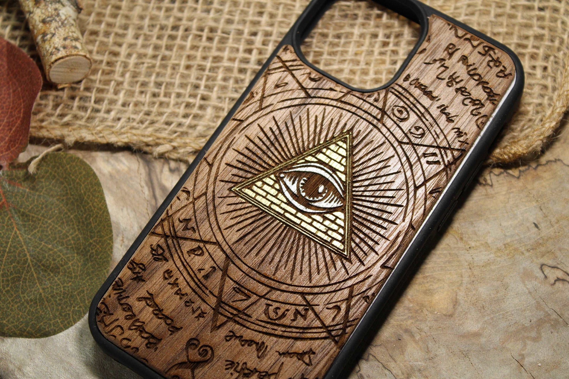 Golden IlluminatiEye Masonic Pyramid Conspiracy Occult Golden Strip Goth, Witchcraft,Phone Case Wood, Pixel