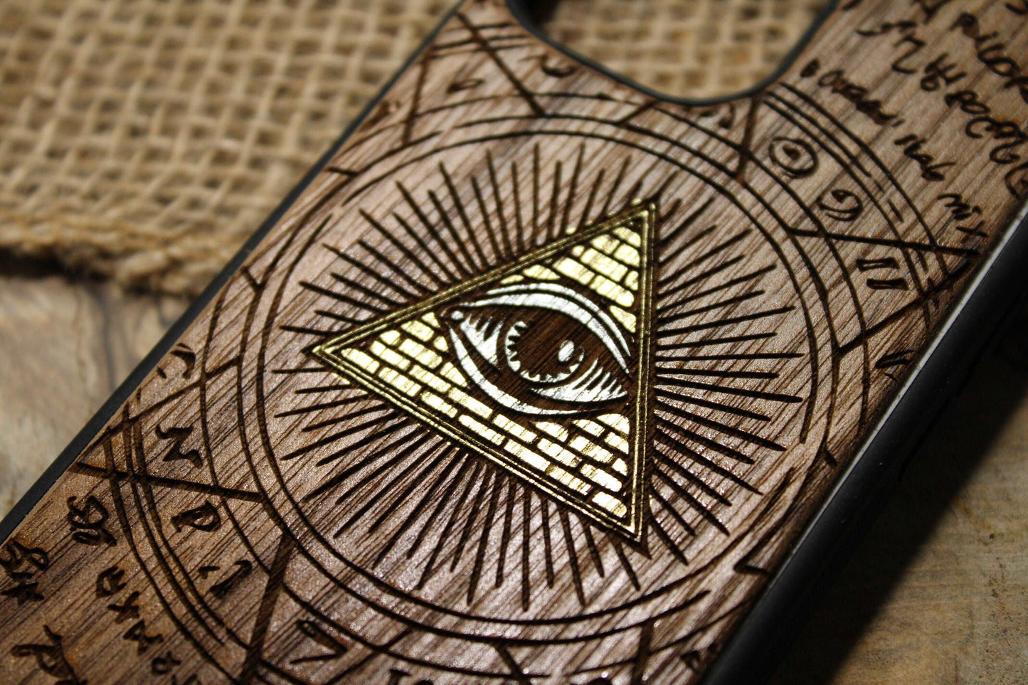 Golden IlluminatiEye Masonic Pyramid Conspiracy Occult Golden Strip Goth, Witchcraft,Phone Case Wood, Pixel