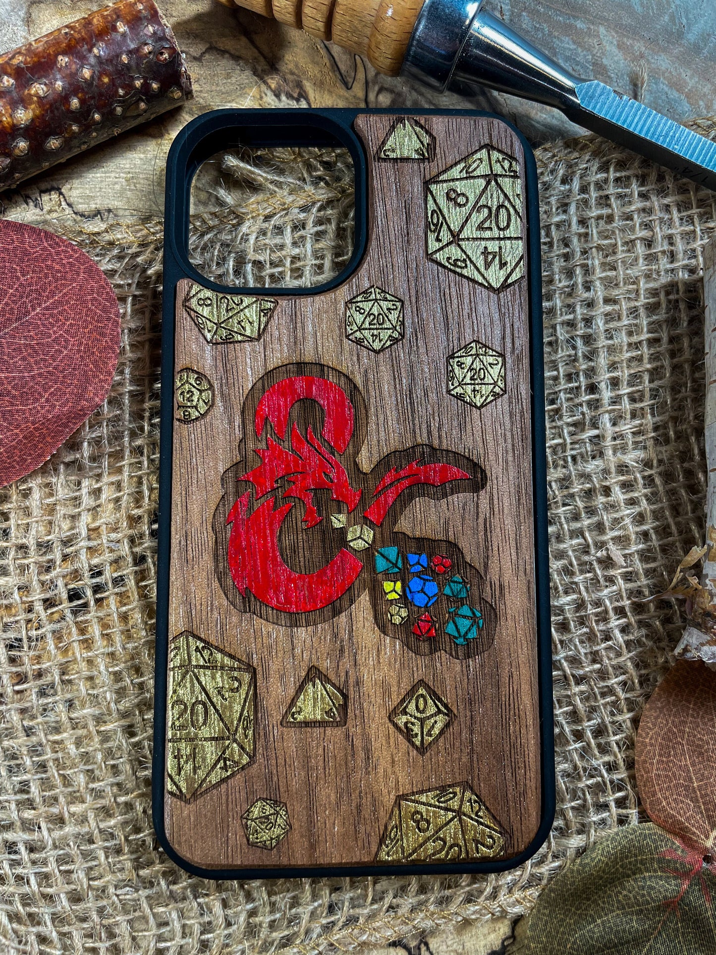 a wooden phone case with a design on it