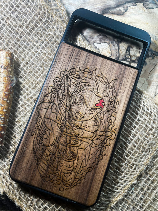 a wooden phone case with a picture of a woman on it