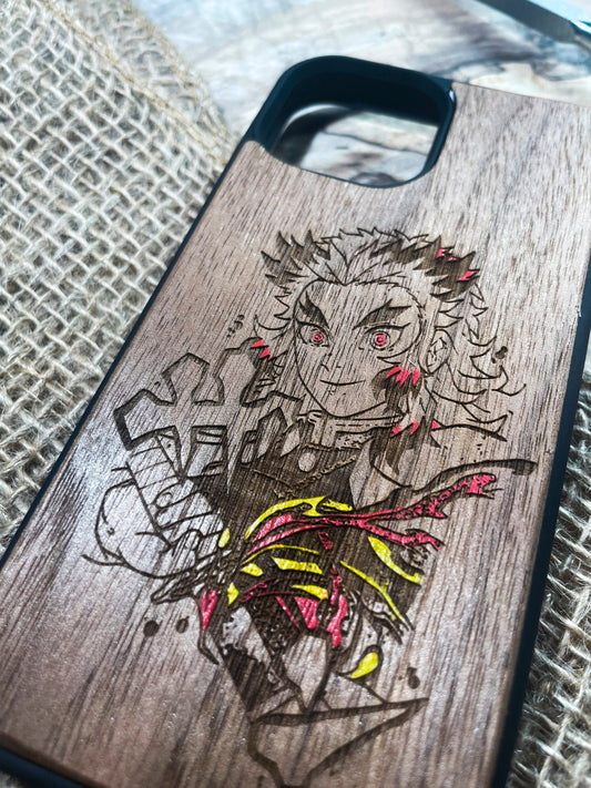 a wooden phone case with a picture of a girl on it