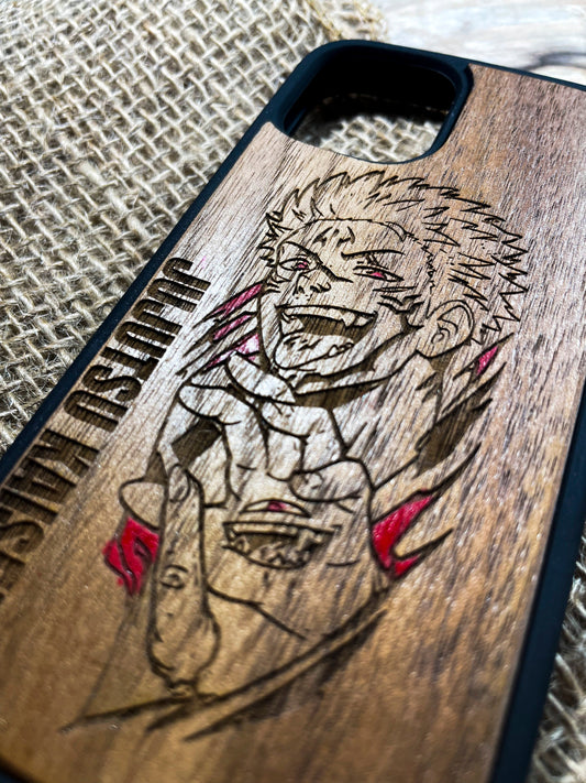 a wooden phone case with a picture of a man