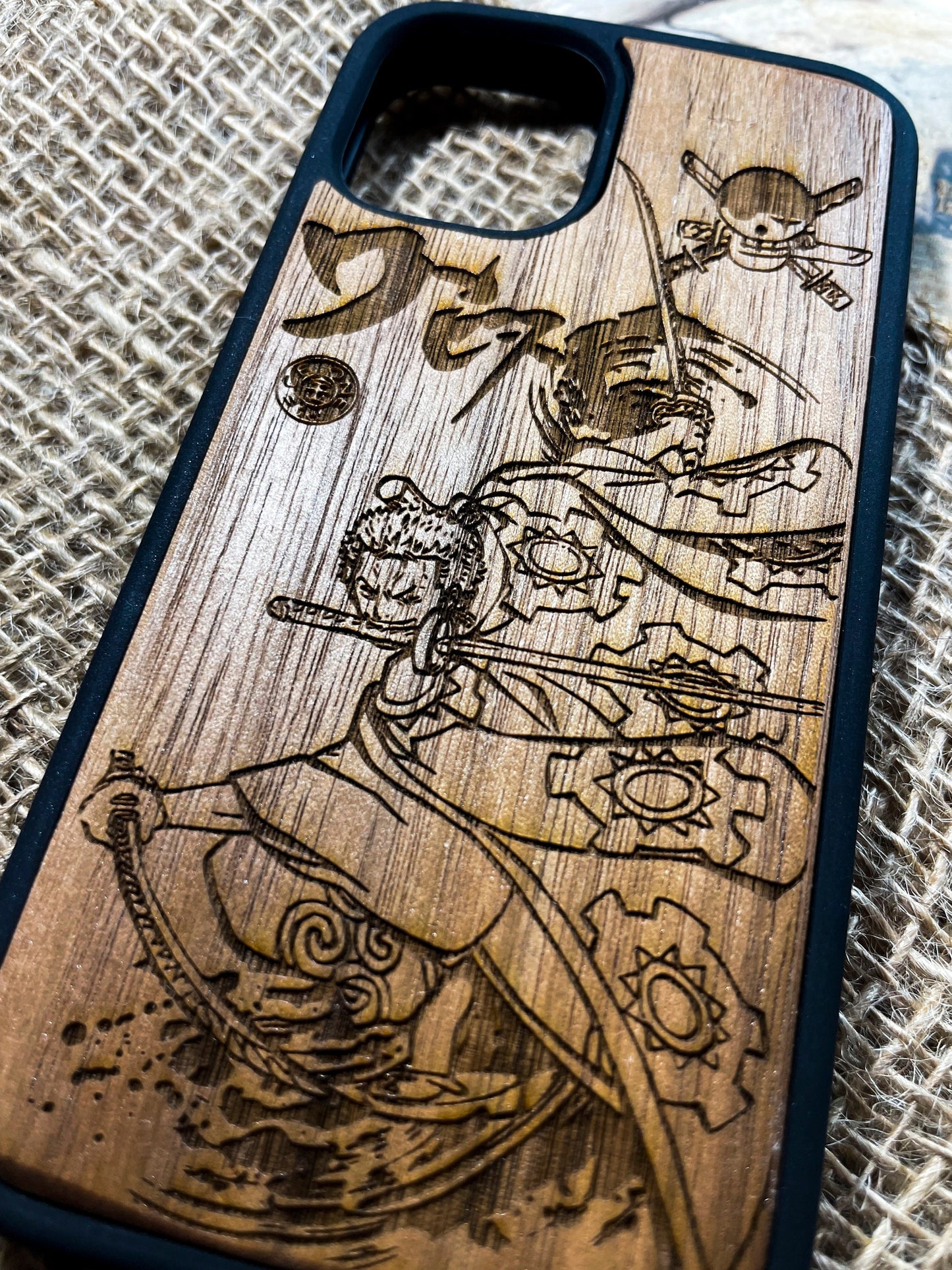 a wooden phone case with a picture of a woman on it