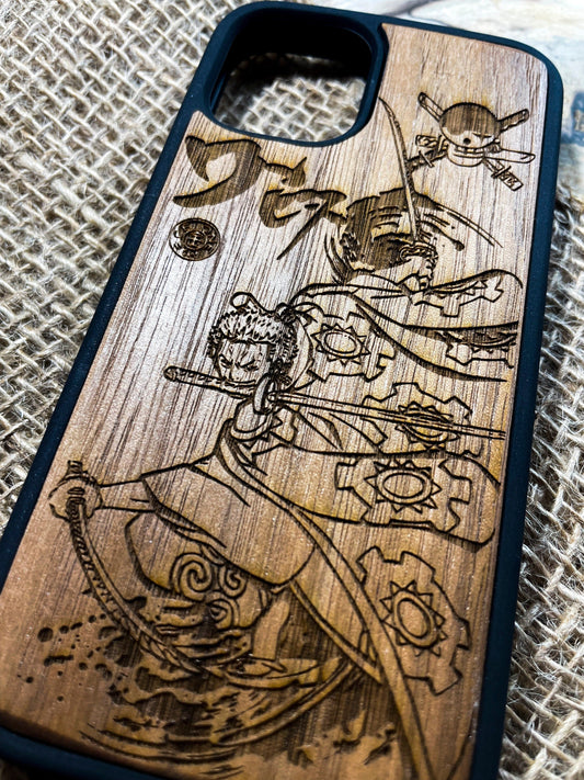 a wooden phone case with a picture of a woman on it