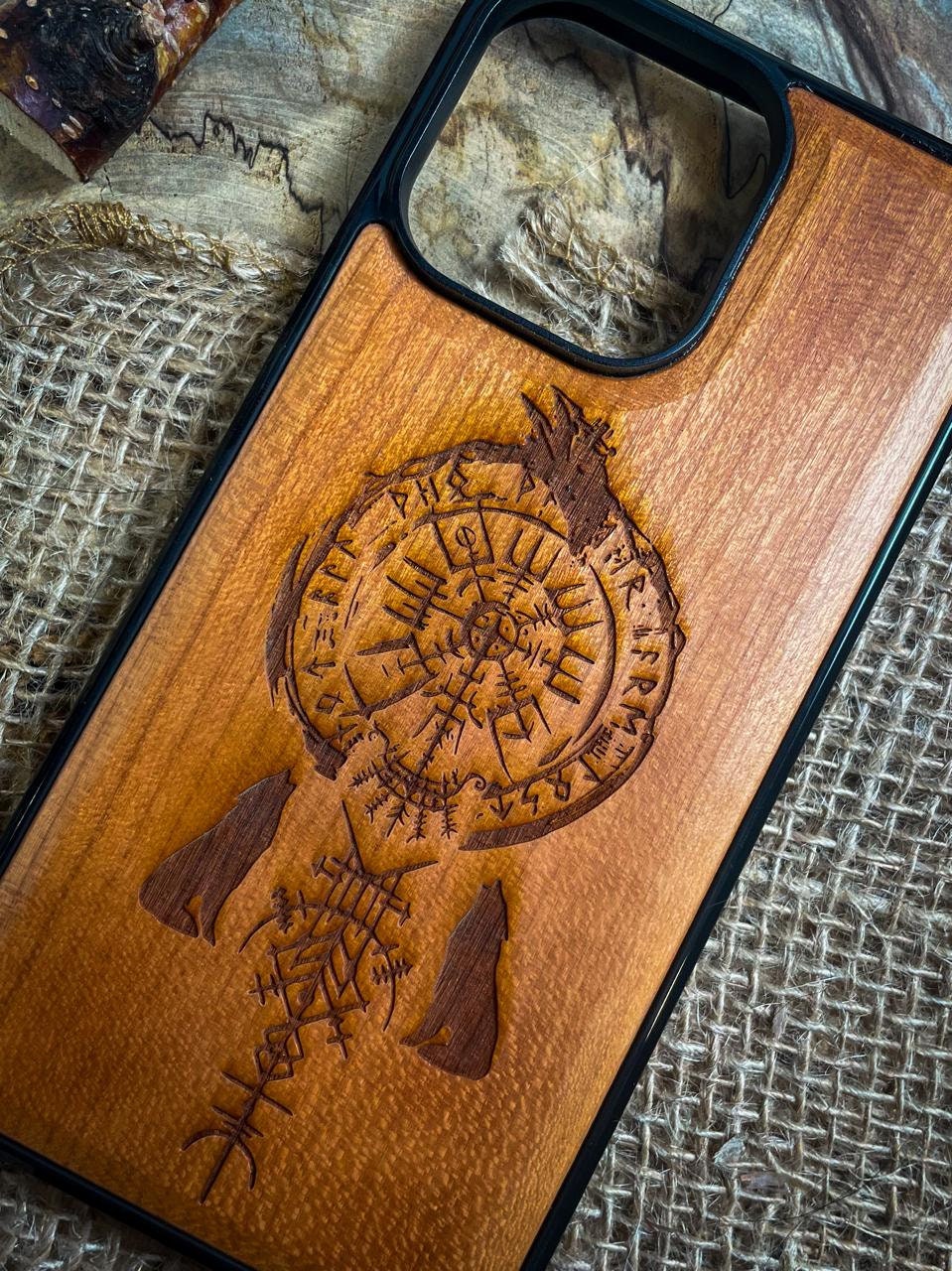 Viking Vegvisir Wolf Fenrir Wood phone case