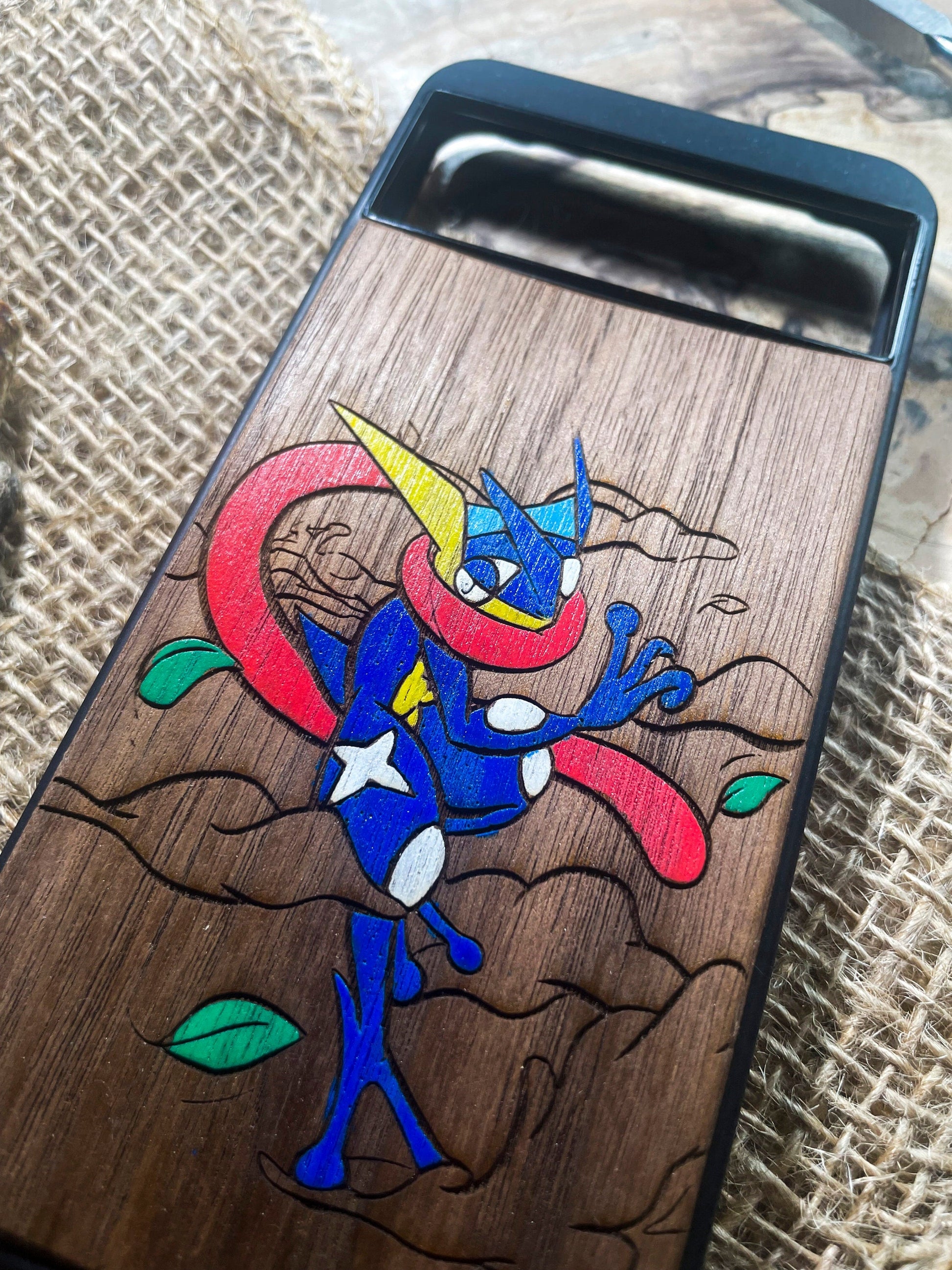 a wooden case with a picture of a cartoon character on it