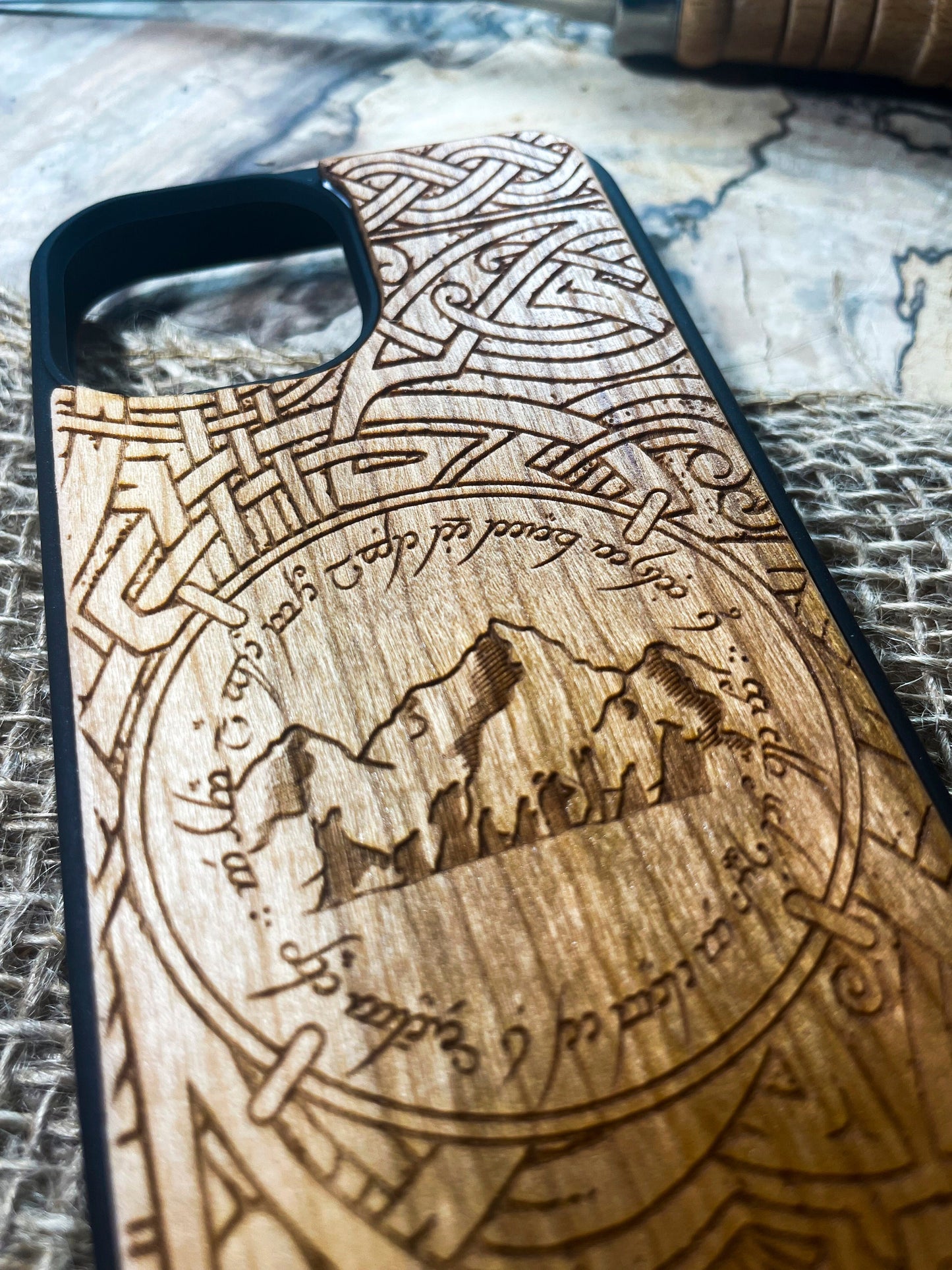 a wooden phone case with a picture on it