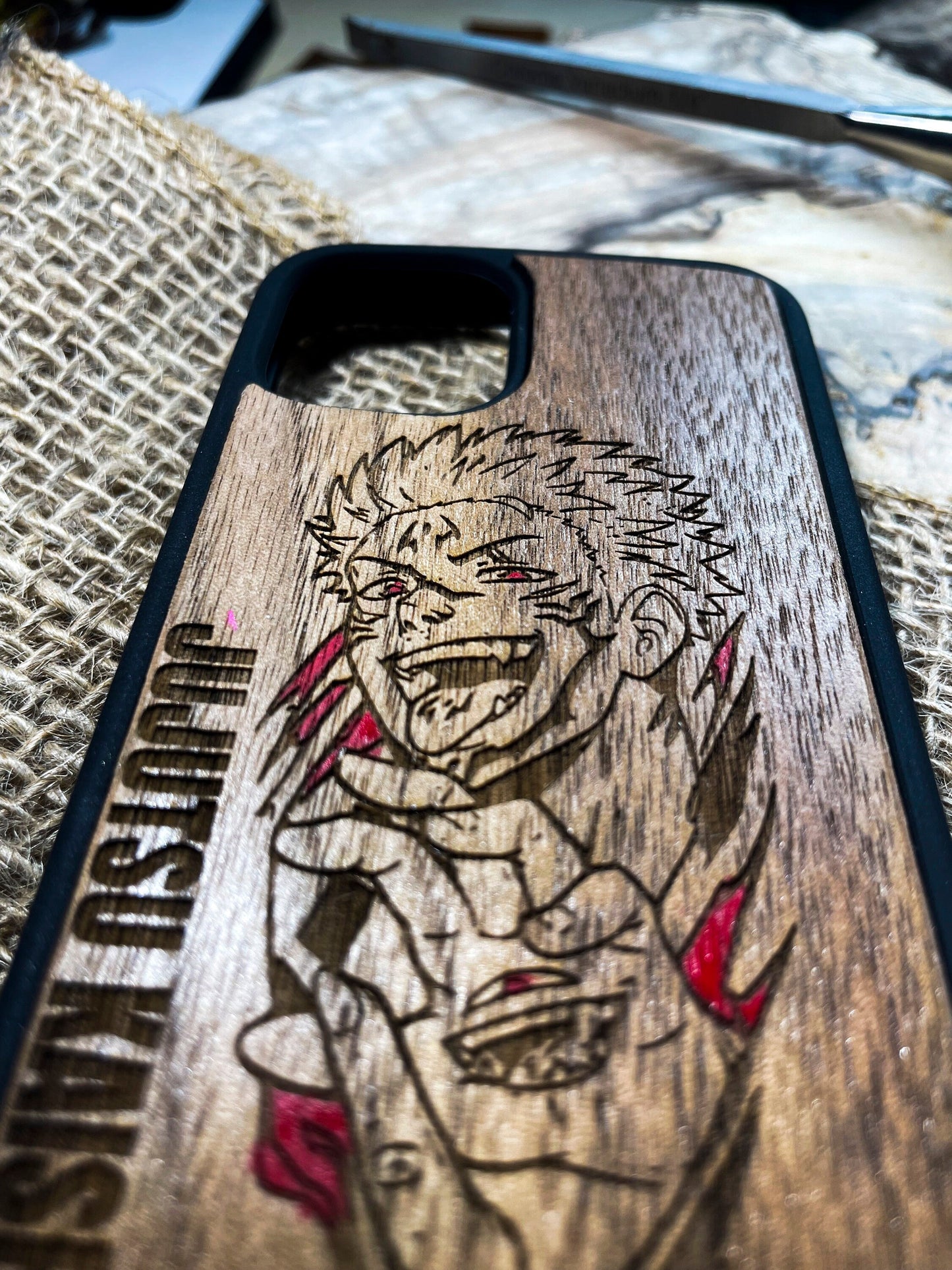 a wooden case with a picture of a man on it