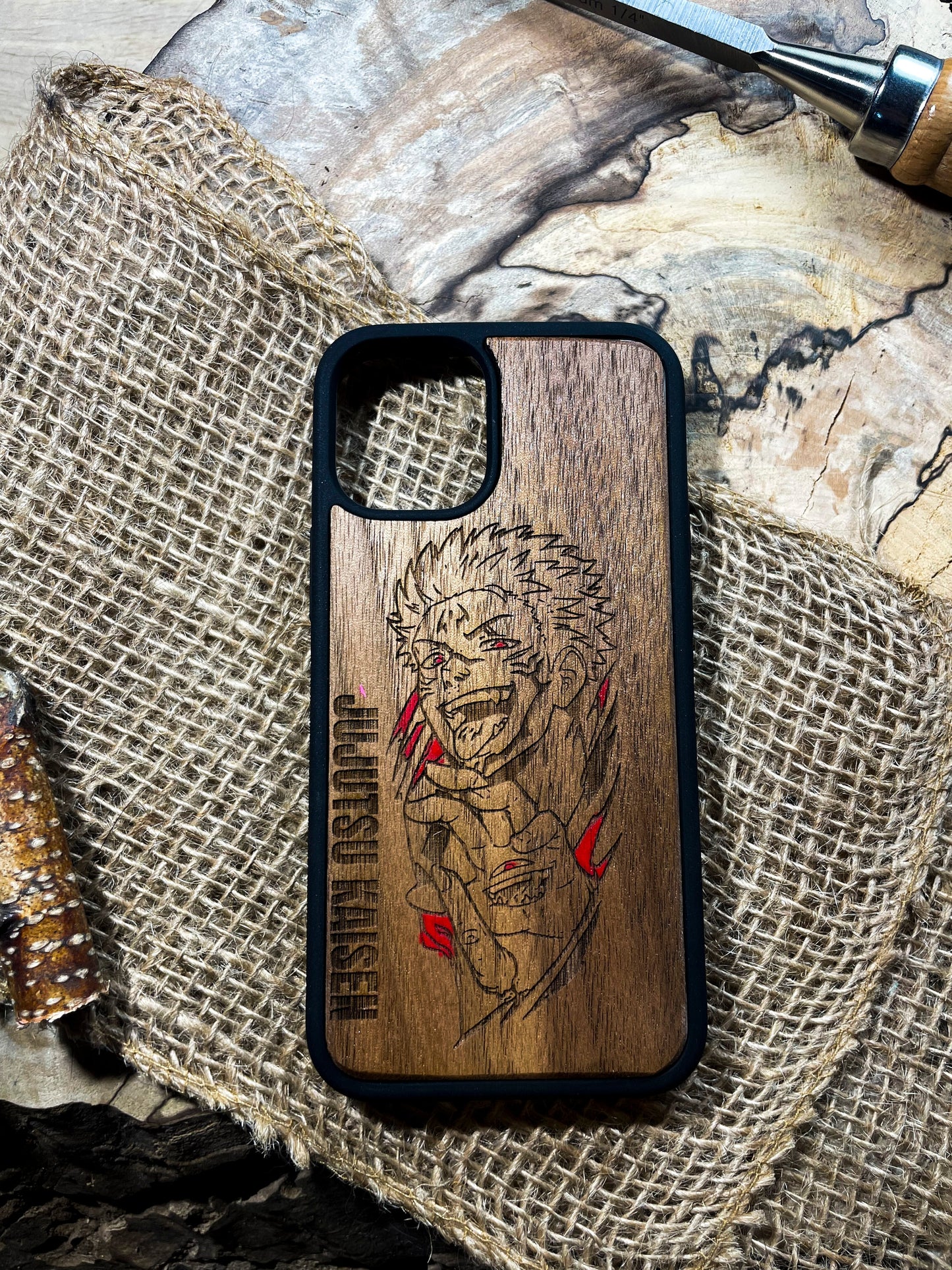 a wooden phone case with a picture of a man on it