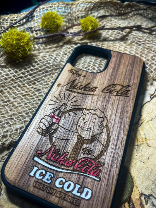 a wooden phone case with a picture of an ice cold logo