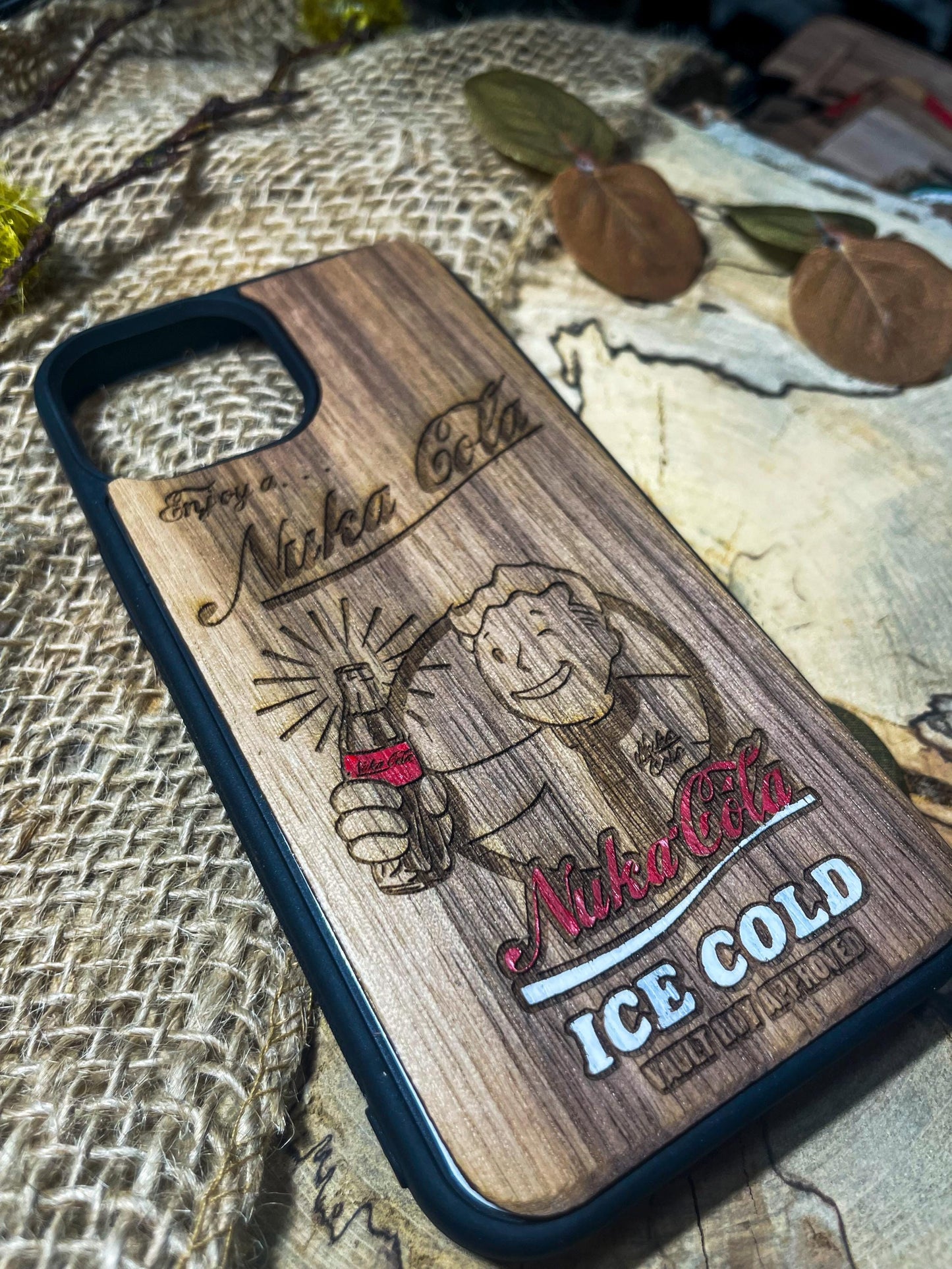 a wooden phone case with a picture of a cartoon character on it