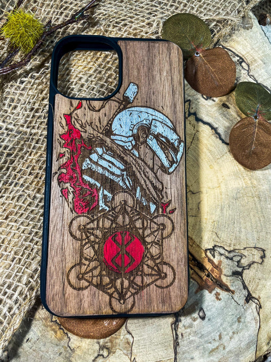 a wooden phone case with a picture of a man on it