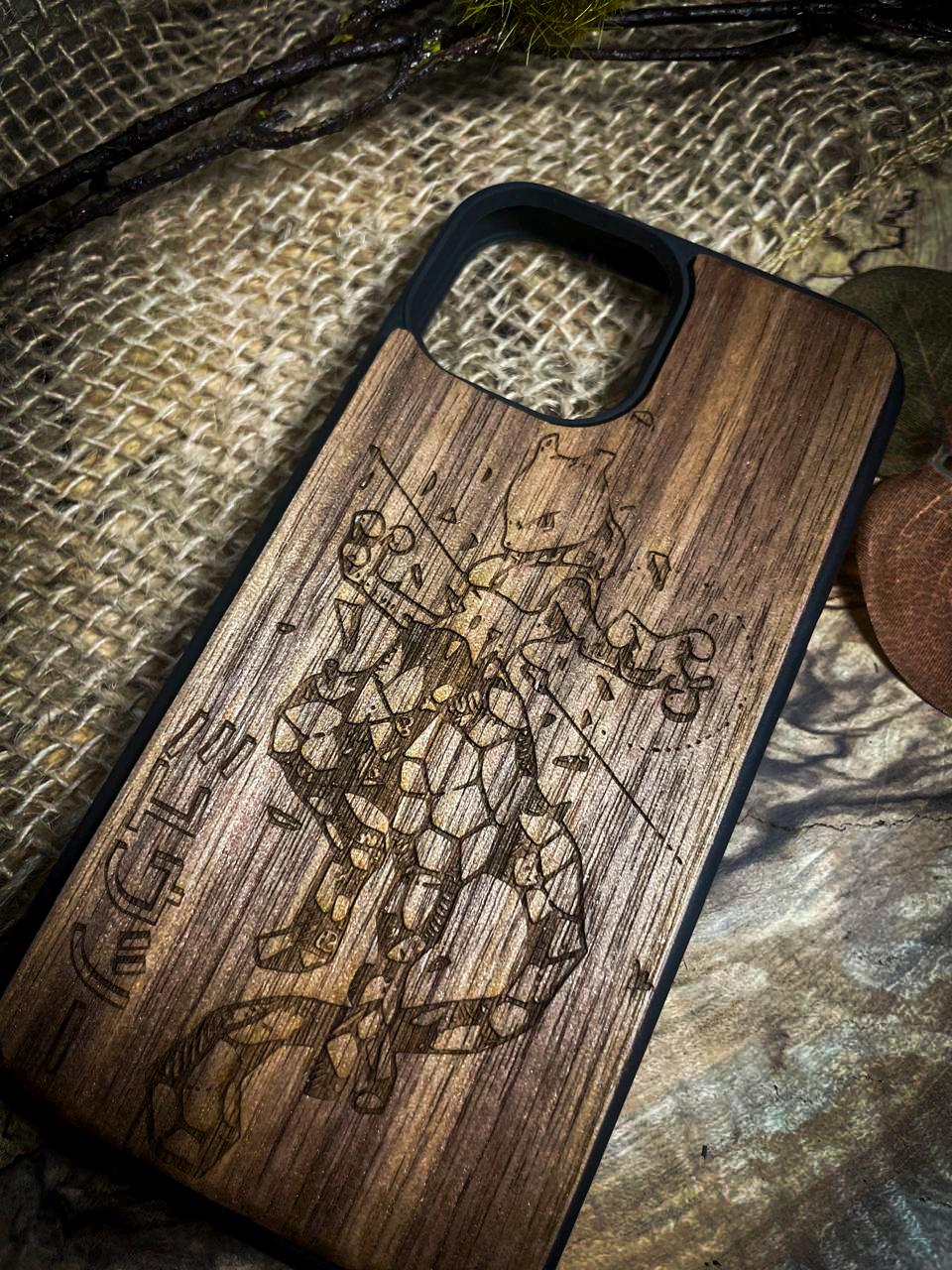 a wooden phone case with a picture of a man on it