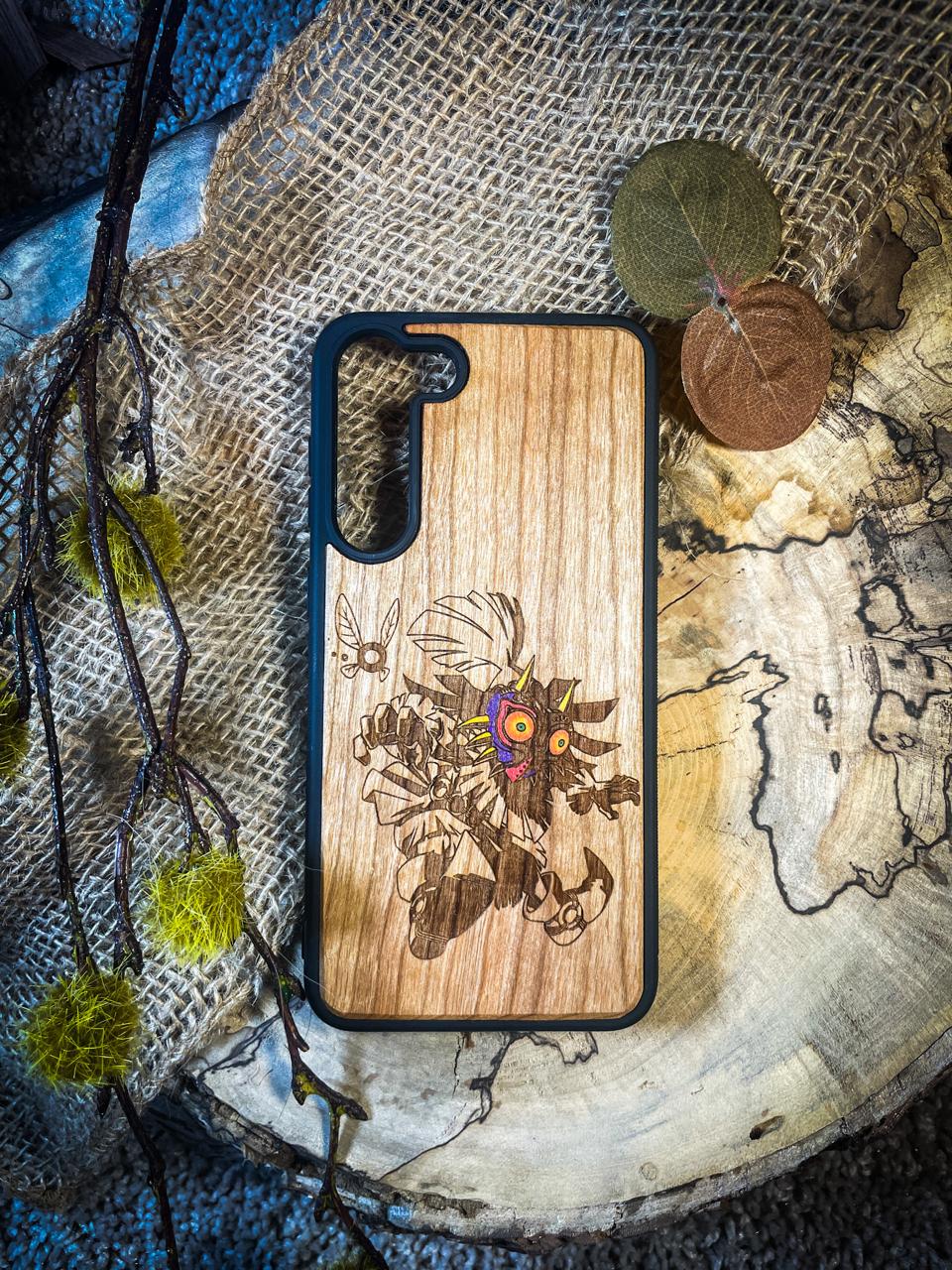 a wooden phone case with a picture of a flower on it